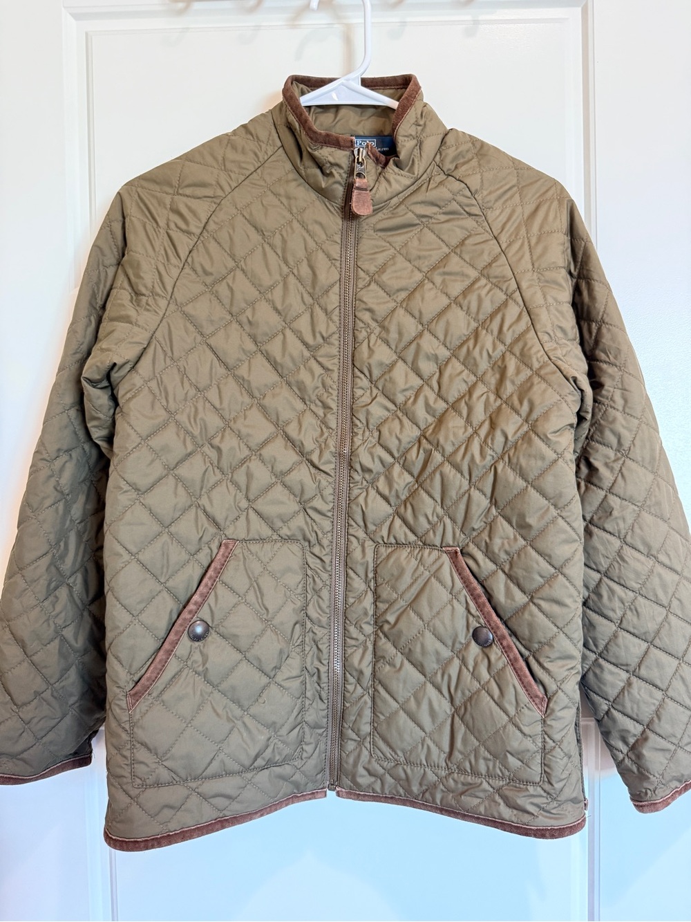 Polo by Ralph Lauren Boys Sz Medium (12/14) Quilted Olive Jacket with Brown Trim